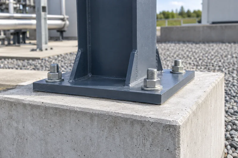 Representative steel support base plate with threaded anchors on a concrete pedestal