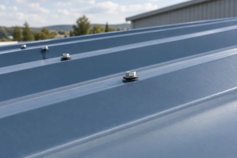 Representative profiled metal roof with hexagonal fasteners and sealing washers