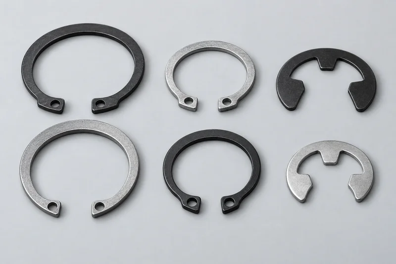 Steel circlips and E clips representing the retaining-ring family