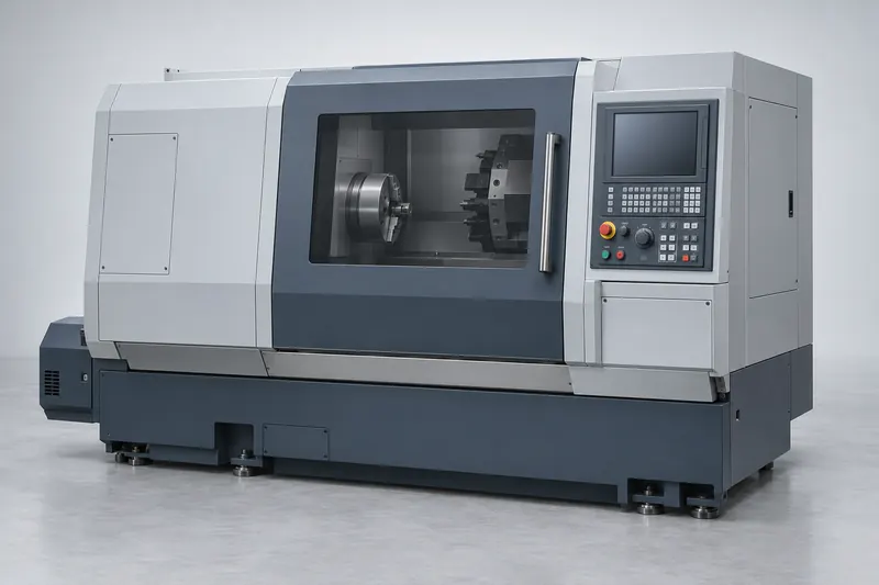 Enclosed horizontal CNC turning centre with chuck and tool turret