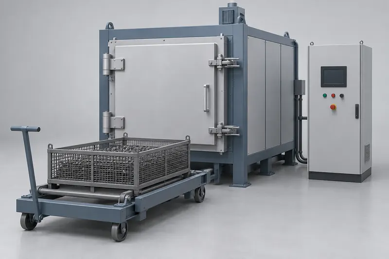 Batch chamber heat-treatment furnace with loading trolley and control cabinet