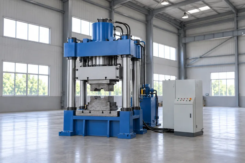 Vertical forging press with upper and lower die blocks, substantial frame and separate control cabinet