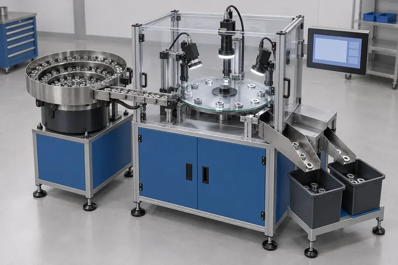 Optical fastener sorting station with bowl feeder, glass disk, cameras and output chutes