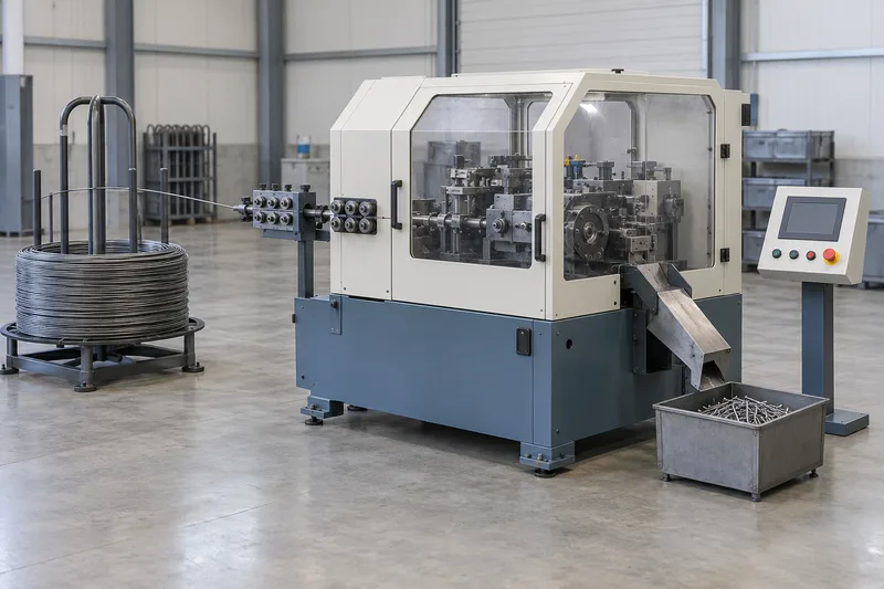 Enclosed wire nail making machine with wire payoff, feed rollers and finished-nail discharge
