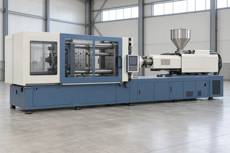 Horizontal plastic injection moulding machine with guarded mould area and granule hopper