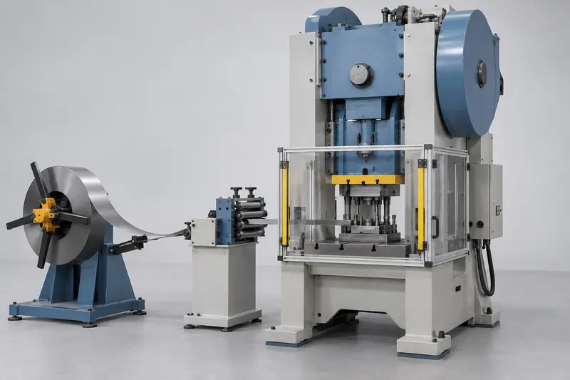 Guarded stamping press with flat-strip coil and roller feeder
