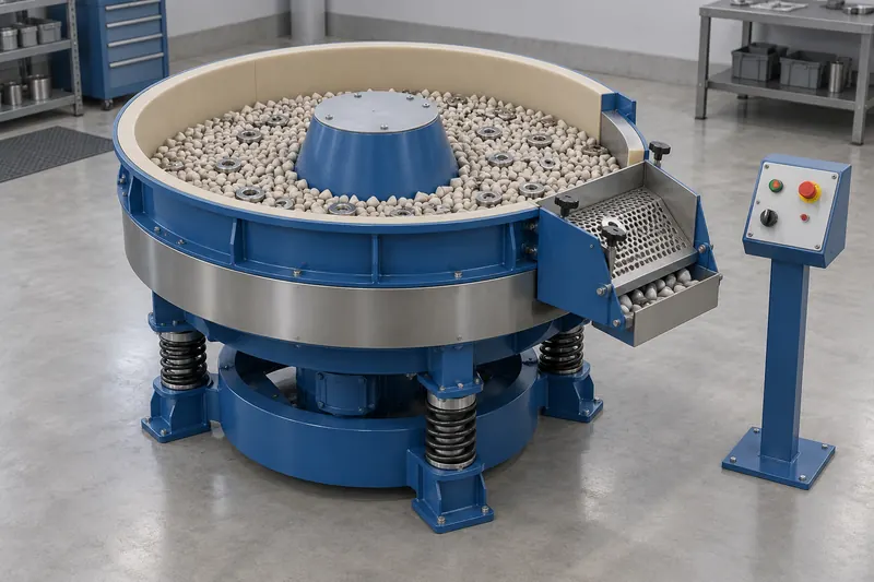 Circular vibratory mass-finishing bowl with abrasive media and separation screen