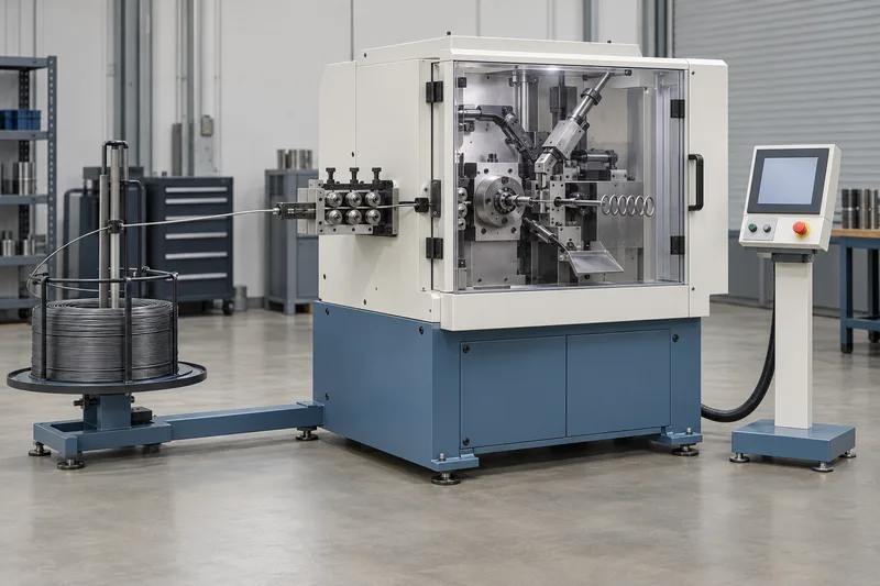 CNC spring coiling machine with wire payoff, feed rollers and guarded forming area