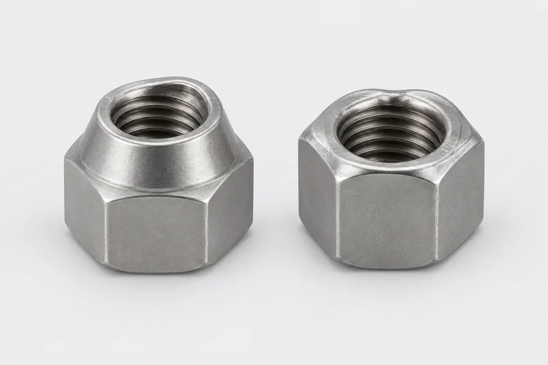 Generic illustration of two all-metal lock-nut constructions with metal top locking regions and no nylon inserts; not an actual factory photograph.