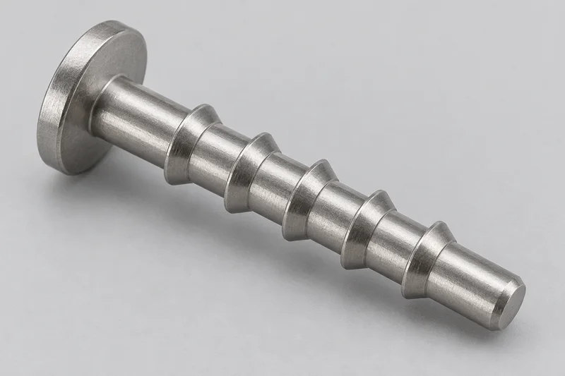 AI-rendered solid headed barbed pin with radial retaining rings and a smooth entry pilot, generic appearance reference