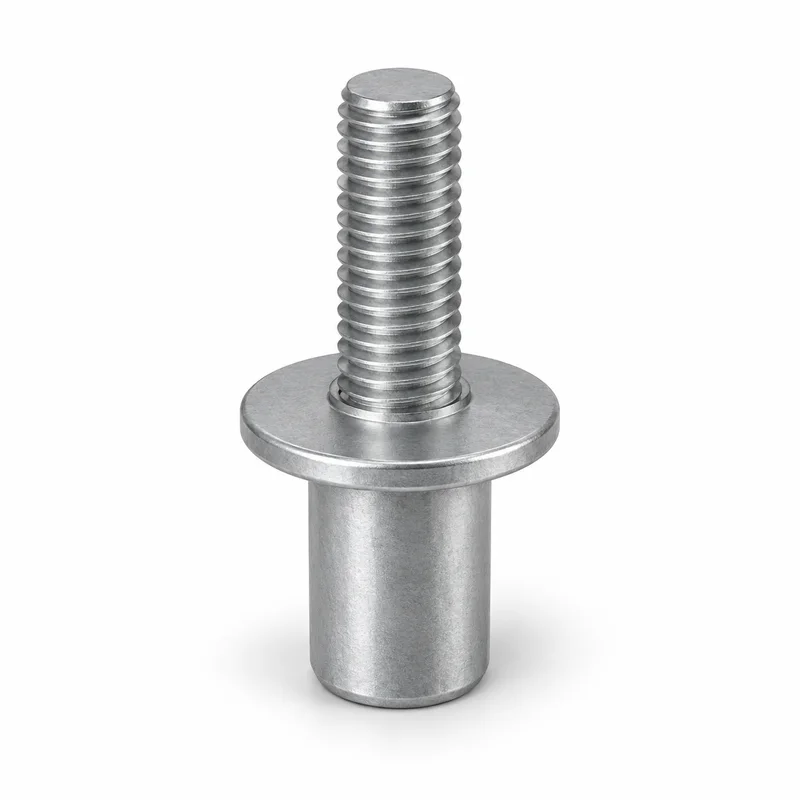 AI-generated generic uninstalled blind rivet stud showing external machine thread, seating flange and crimp body; not an exact supplied model.