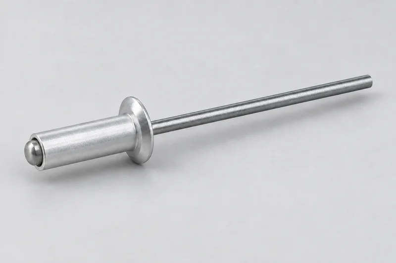 Illustrative uninstalled open-end blind rivet with a smooth sleeve, protruding head and projecting pull mandrel