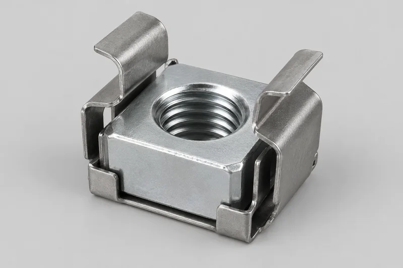 AI-rendered square threaded nut retained inside a separate thin folded spring cage with opposing panel-locking tabs; generic reference, not factory photography