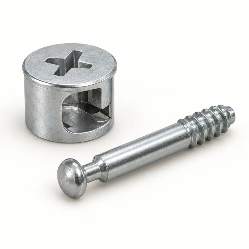 AI-generated generic eccentric furniture cam with side capture opening and separate mushroom-head connecting dowel