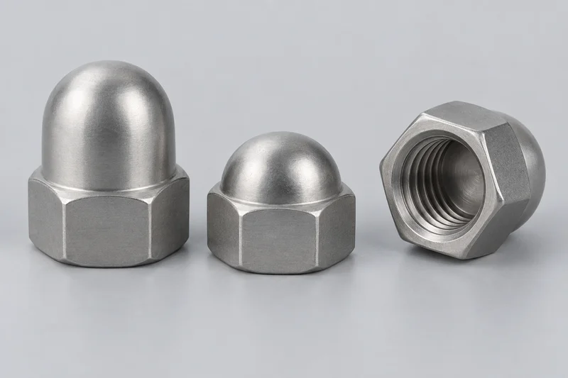 Generic structural rendering of high and low closed-end hexagon cap nuts and a blind threaded underside; not an actual factory photograph.