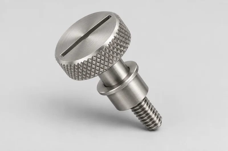 AI-rendered generic captive panel screw assembly with a knurled slotted knob, smooth retainer collar and projecting male threaded tip; not an exact maker model, installation drawing or factory photograph