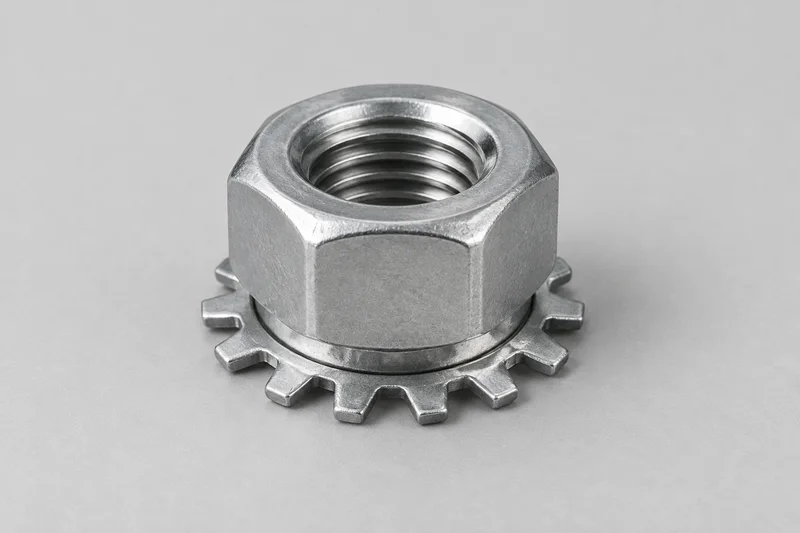 AI-rendered generic hex nut with a separately retained external-tooth washer; structure reference, not an actual product or factory photograph.