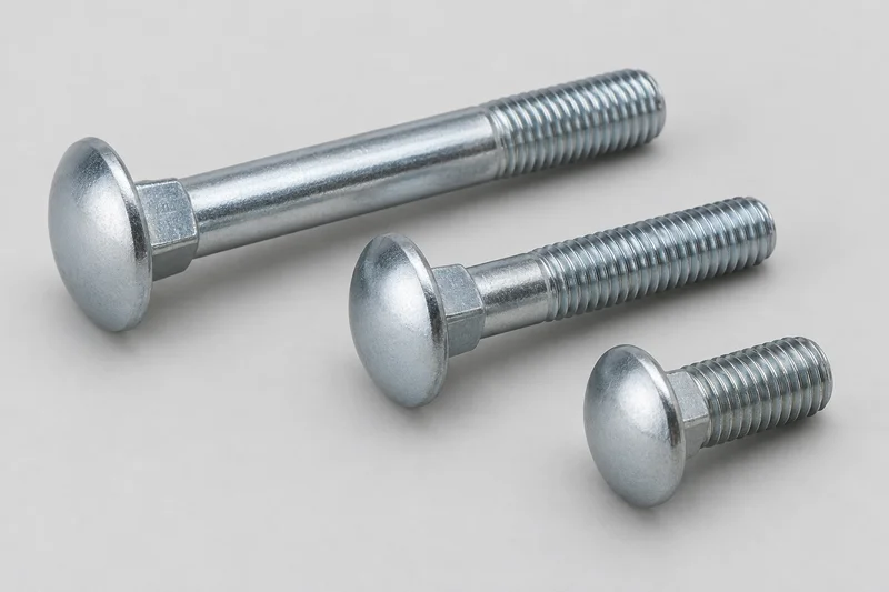 Three carriage bolt appearance examples with smooth rounded heads and visible square necks