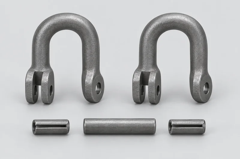 Unassembled reference illustration: two chain-coupling bow halves, a separate joining pin and two sleeve pins; not a dimensioned drawing or installation guide.