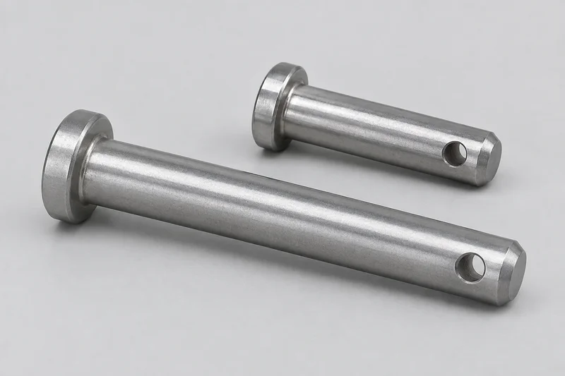 Two round flat-headed clevis pins with smooth shafts and transverse holes near their free tips, illustrative reference