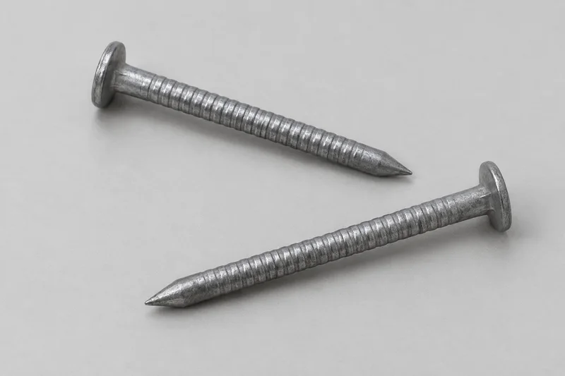 AI reference illustration of two loose ribbed masonry nails; not steel-base or powered-tool suitability evidence