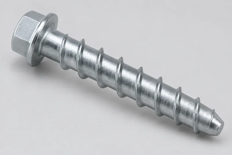 Independent appearance illustration of a hex-flange concrete screw anchor with a coarse threaded shaft and no expansion sleeve
