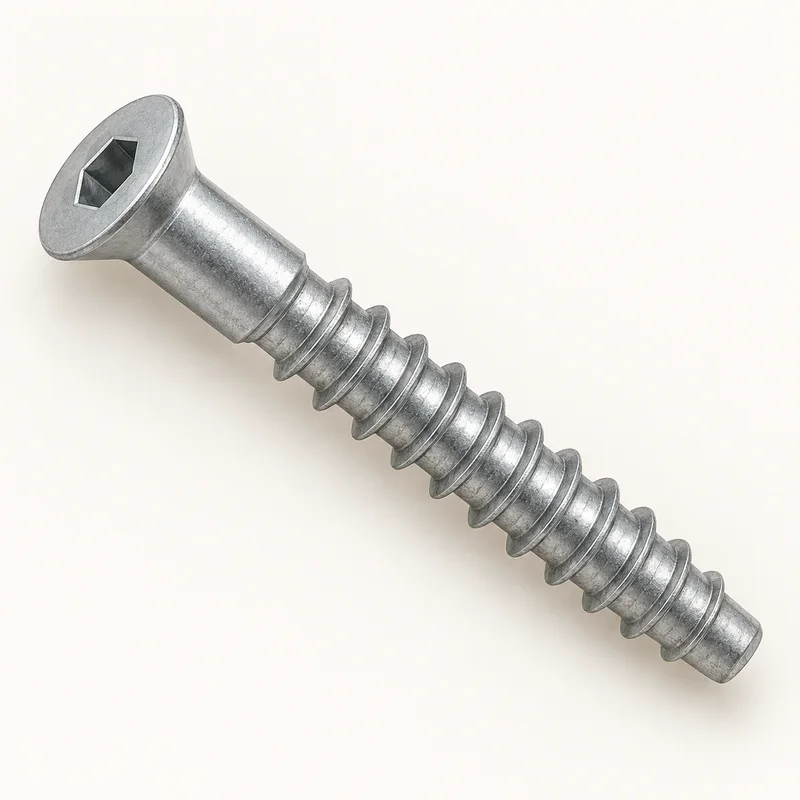AI-generated generic Confirmat furniture screw with countersunk head, hex socket, smooth shoulder and coarse threaded body; not a supplied model