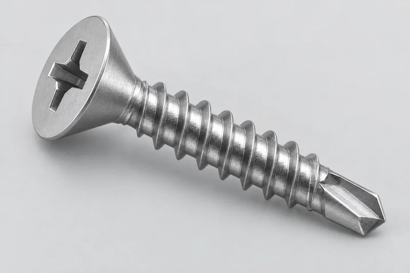 Generic flat countersunk self-drilling screw illustration showing cross recess, conical head underside, tapping thread and fluted drill point; not a dimensioned factory photograph.