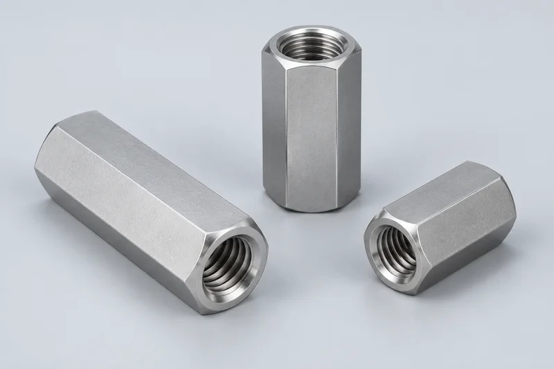 Generic rendered appearance of three long hex coupling nuts with internal threaded openings; not an actual factory product photograph.