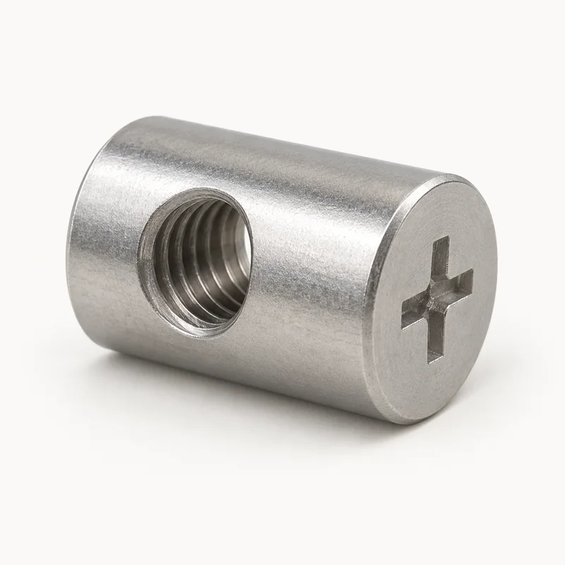 AI-generated generic cylindrical cross dowel barrel nut with a transverse threaded hole and alignment slot; not a supplied model
