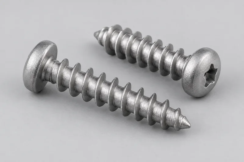AI-generated generic pan-head screws with widely spaced threads and short tapered leads, plastic-direct appearance reference only