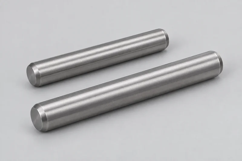 Two smooth solid cylindrical headless dowel pins with chamfered ends, illustrative reference