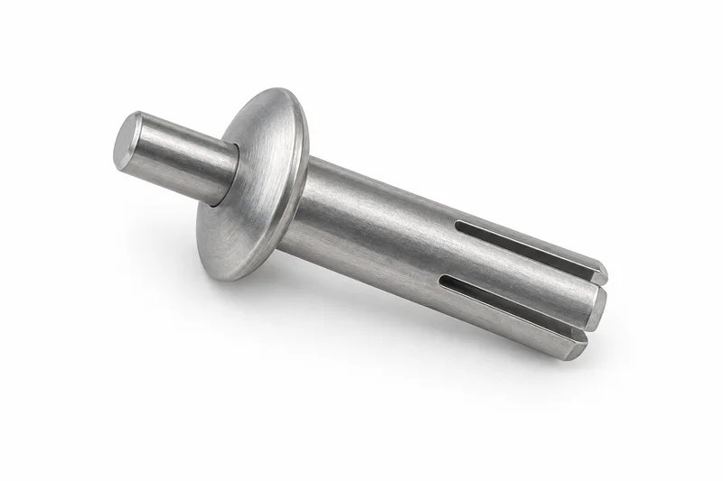 AI-generated generic uninstalled metal drive rivet with a short projecting drive pin and slotted tail