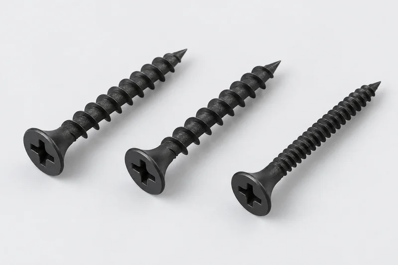 Black bugle-head drywall screws showing coarse and fine thread appearances