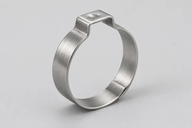 AI-generated appearance reference of a single-ear metal band clamp with a raised pinch ear
