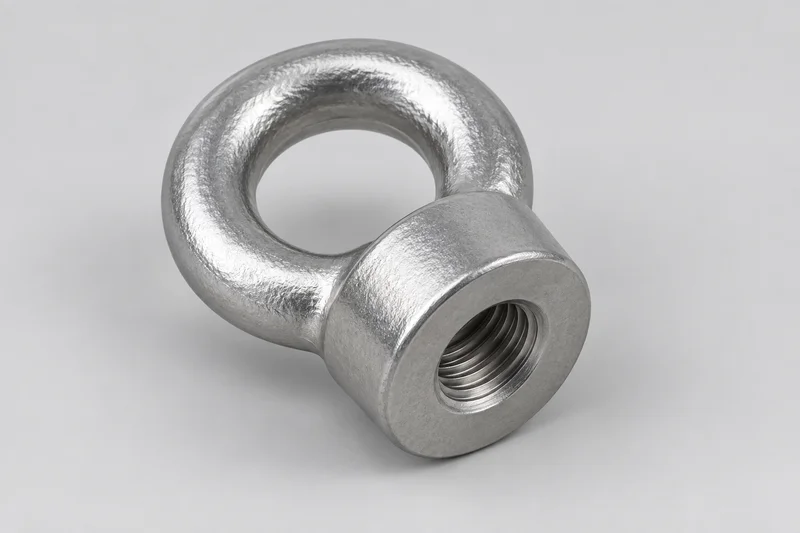 Reference illustration of a fixed eye nut with a closed circular eye and a cylindrical base showing its internal threaded bore, without a male shank.