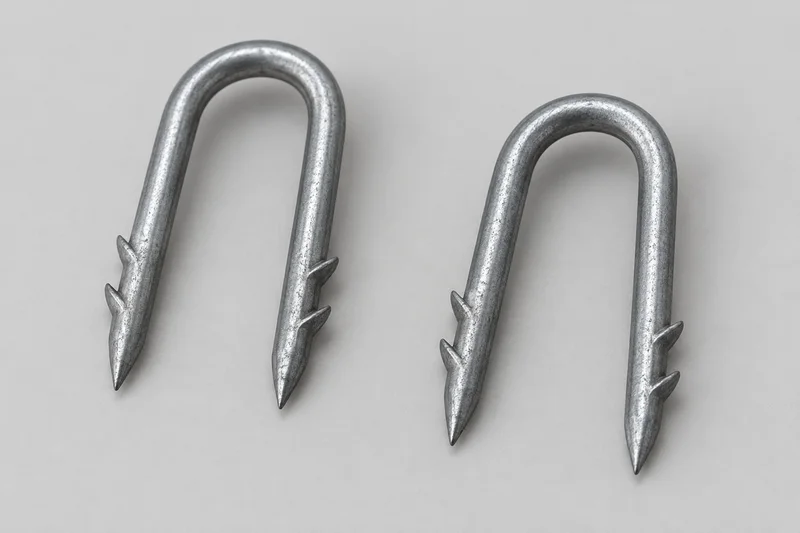AI reference illustration of two loose round-crown fencing staples with barbed legs and pointed ends
