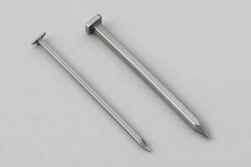 AI-rendered slender small-head brad and thicker small-head finish nail examples with smooth flattened shanks and pointed ends; appearance reference only