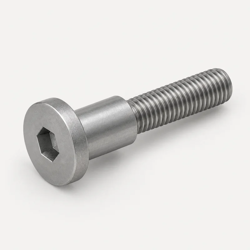 AI-generated generic furniture connector bolt with a broad socket head, smooth shoulder and machine-threaded end; not supply evidence