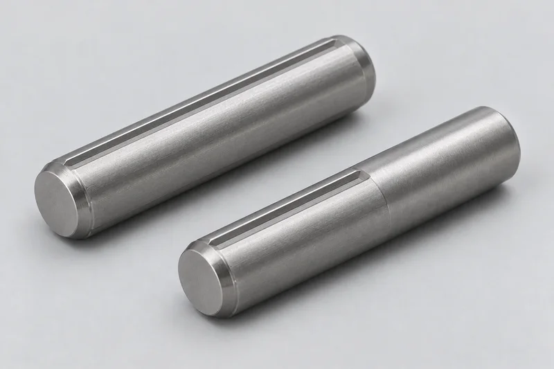 AI-rendered solid cylindrical pins with longitudinal surface grooves, full-length and partial-length generic examples