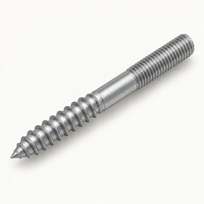 AI-generated generic hanger bolt showing a pointed wood-thread end and a separate machine-thread end; not a supplied model