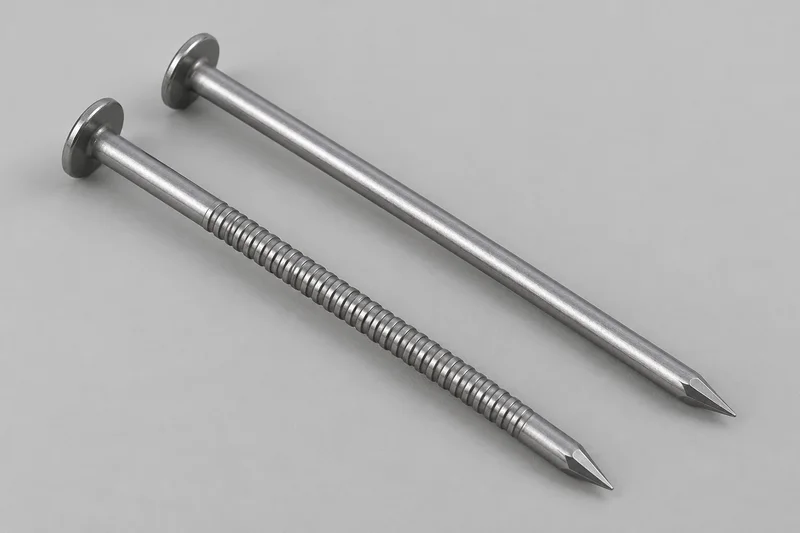 AI-rendered generic loose full-round-headed wire nails with smooth and annular-ring shanks and pointed ends; not an exact maker model, installation photograph or certified supply sample