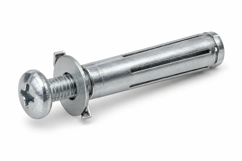 AI-generated generic unexpanded metal cavity sleeve with screw, flange and slotted arms; one hollow-wall construction only