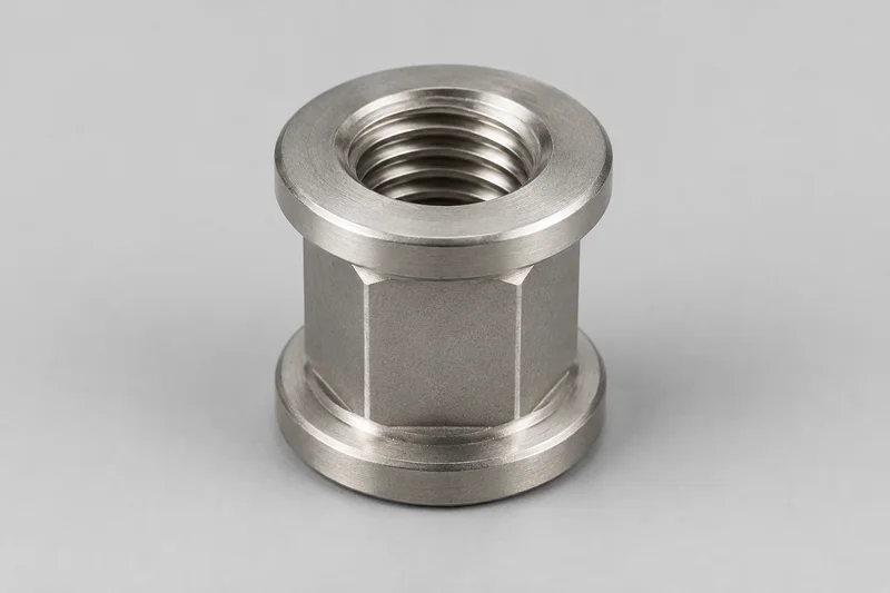 AI-generated double-flanged mould-in insert appearance with an internal thread and hexagonal waist; not a supplied-product photograph or moulding diagram