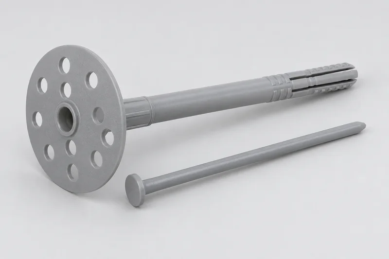 AI-generated generic insulation fixing with perforated disc, long plastic sleeve and separate unset drive pin; one construction only