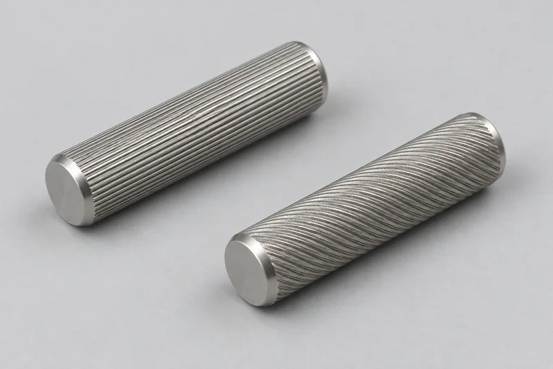 AI-rendered solid headless cylindrical pins with fine straight and helical knurl patterns, generic appearance examples