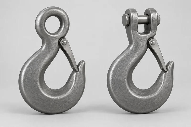 AI reference of two generic curved latch hooks: closed-eye end and clevis end with transverse pin.