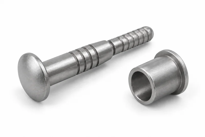 AI-generated generic uninstalled lockbolt pin with annular locking grooves and a separate unswaged collar