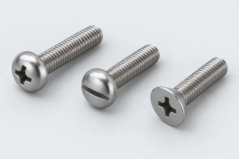 Silver pan-head and countersunk machine screws with blunt ends