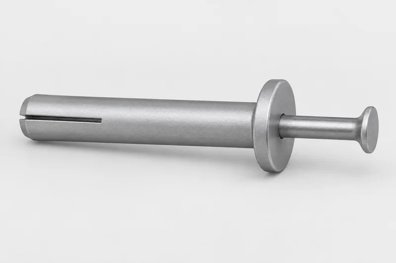 AI reference showing a split cylindrical anchor body, broad flange and projecting central drive pin